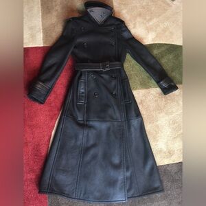 🧥EUC CALVIN KLEIN GENUINE LEATHER SHEARLING WOMEN LONG BLACK TRENCH COAT SZ6